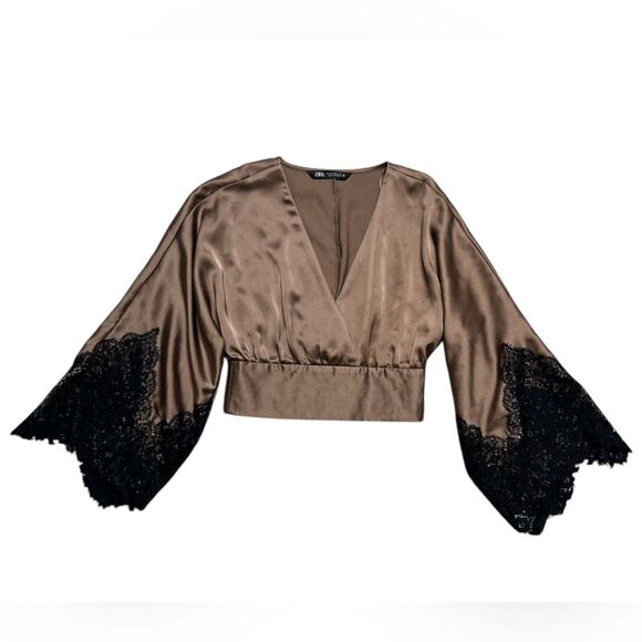 ZARA Satin Bell Sleeve Lace Trimmed Brown Top Women’s Size XS - Picture 1 of 3